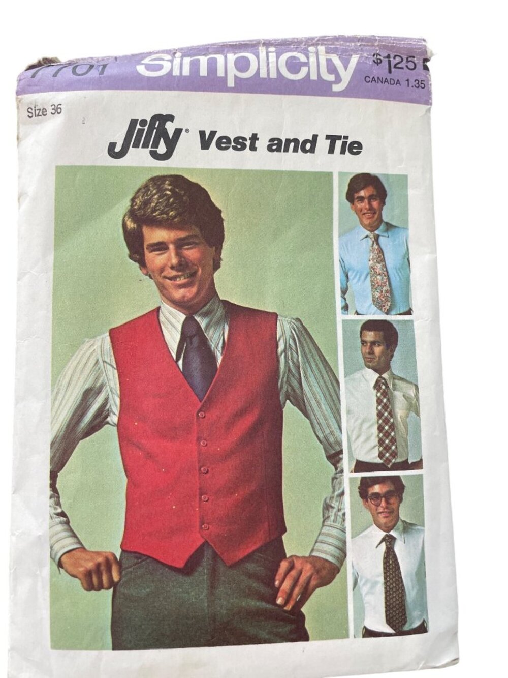 Vintage 70s Simplicity 7701 Sewing Pattern Size 36 Jiffy Mens Vest and Tie CUT